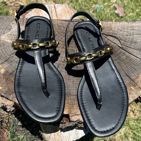 Coach Jenna Signature Chain T-Bar Black leather Sandals Sz-8. R - Picture 9 of 12